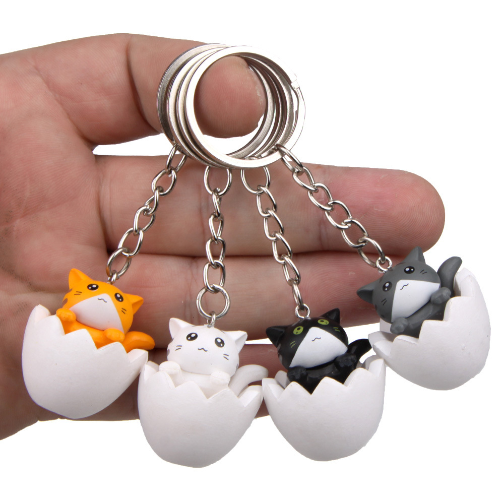 Porte-clés mignon petit chat coquille d'oeuf porte-clés pour femmes hommes Kawaii chaton clés de voiture porte-clés bibelot sac pendentif porte-clés cadeau dessin animé Animal Design bijoux accessoires