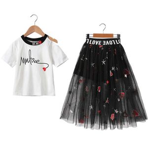 Lindo niños niñas casual traje de manga corta conjunto de verano letra impresión camiseta + bordado faldas de malla trajes 2 unids vestido de princesa x0902