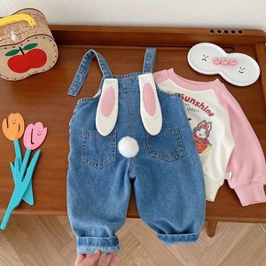 Schattige Kinderen Meisjes Overalls 0-6Years Kinderen Bunny Oor Bal Losse Denim Jumpsuit Jarretel Broek Jeans Uitloper Herfst Kleding 240108