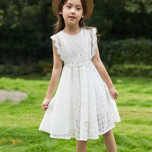 Lindo niños vestido de encaje blanco para niña 6 8 10 12 años sin mangas princesa de verano ropa adolescente fiesta cumpleaños vestido de dama de honor Q0716