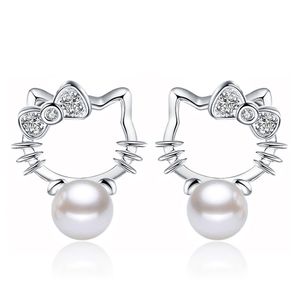 Lindo Kitty Cat Penrings for Women Luxury Ball Pearl Diamond Lovely Gats Diseño Parring S925 Números de plata chapados en los benditos Anillos de orejas de Brincos