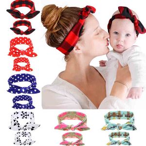 Lindas bandas para la cabeza con nudo, cuadrícula de punto, diadema con Orejas de conejo para mamá y bebé, tocado con lazo, accesorios para el cabello de moda para niños, regalo de cumpleaños