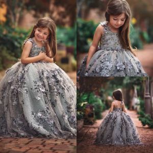 Mignon dentelle petites filles Pageant robes 3D Appliques enfant en bas âge robe de bal robe de fille de fleur longueur de plancher perlée robes de première communion AL4058