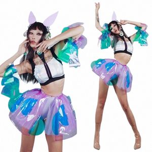 Mignon Laser Bikini Transparent Couleur Jupe Chapeaux Femmes Parti Gogo Danseur Costume Discothèque Dj DS Stage Rave Outfit XS6803 P3It #