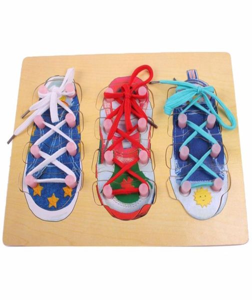 Lindo aprendizaje lazo zapato cordón juguete enseñanza juguete rompecabezas de madera tablero cordones cordones niños educación temprana Montessori Toy7180933