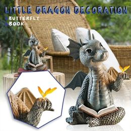 Mignon petit Dragon dinosaure méditation livre de lecture Sculpture Figure jardin décoration de la maison résine ornement décor extérieur 240329