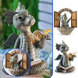 Mignon petit Dragon dinosaure méditation livre de lecture Sculpture Figure jardin décoration de la maison résine ornement décor extérieur 240122