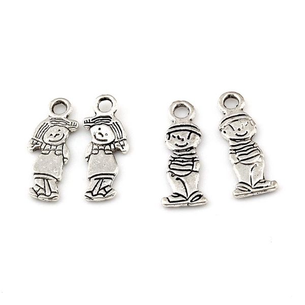 Mignon petite fille garçon pendentifs à breloque pour la fabrication de bijoux Bracelet collier bricolage accessoires 6.5x18mm argent Antique 200 pièces