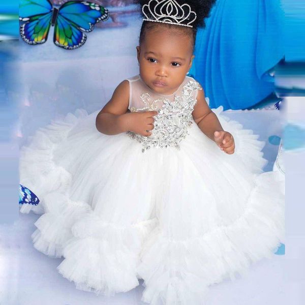 Mignons petits enfants robes de demoiselle d'honneur avec perles de cou transparent volants bas Tulle filles robe de bal robe d'anniversaire pour Pageant