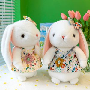 Lindo pequeño conejo blanco de peluche, falda floral, muñeco de conejo, regalo de cumpleaños para niños, regalo de vacaciones