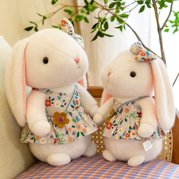 Mignon petit lapin blanc peluche jupe florale lapin poupée saisir machine poupée fille cadeau d'anniversaire