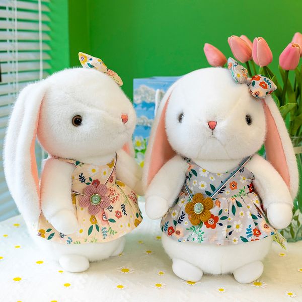 Lindo pequeño conejo blanco juguete floral falda conejo muñeca de cumpleaños regalo de cumpleaños para niños regalo de vacaciones