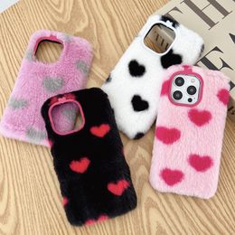 Étuis de cheveux de lapin véritable coeur d'amour mignon pour iPhone 15 14 Pro Max 13 12 11 XR XS X 8 7 Iphone15 Plus doux TPU fourrure moelleuse animale couverture arrière de téléphone portable belle peau