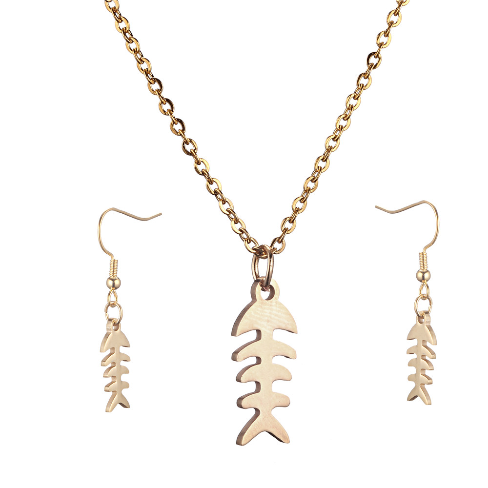 Cute Lovely Fish Bone Charm Stainless Steel Jewelry Sets Animal Pendant Choker Chain Necklace Drop Earring set for woman
