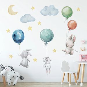 Autocollants muraux mignons de lapins volants, ballons, lune, étoiles, nuages, autocollants amovibles pour enfants, décoration de chambre de bébé, affiche murale 240123