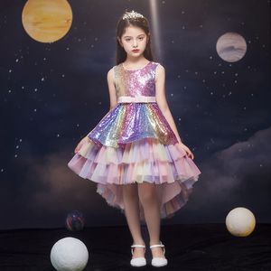 Lindo encantador de la niña lentejuelas del concurso de cristal Ruffles una línea Tulle High Low Rainbow Lectining Flower Vestidos de Navidad Cumpleaños 403