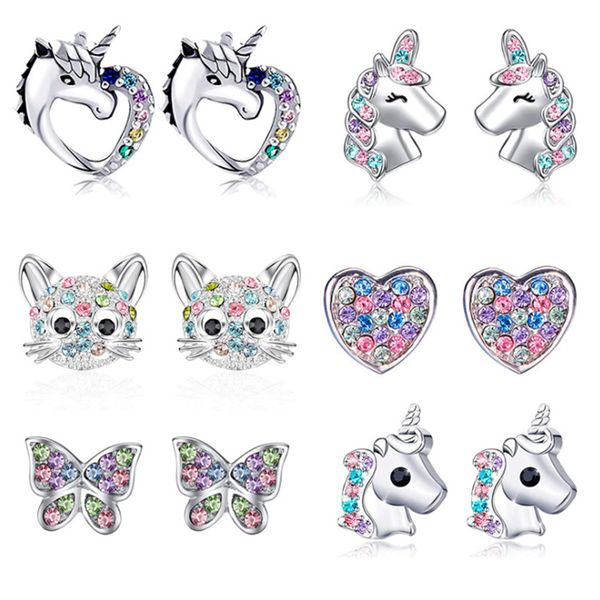 Bonitos pendientes de tuerca con diseño de gato y unicornio de la suerte, accesorios para mujer, joyería de fiesta, regalos de aniversario