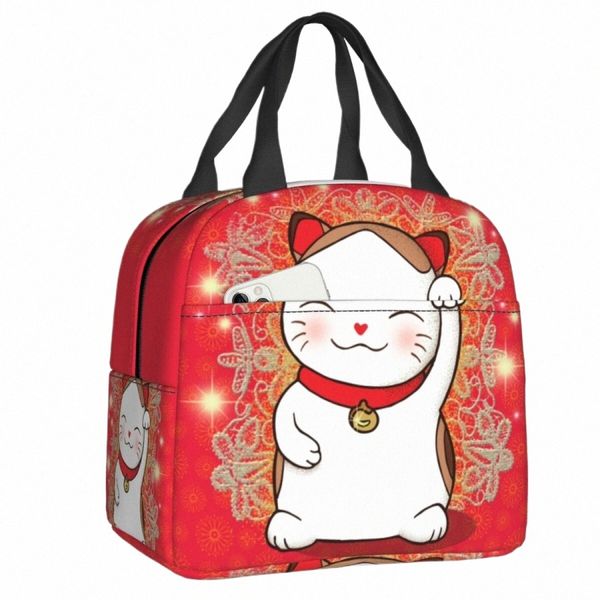 Lindo Maneki Neko que agita la bolsa de asas aislada del almuerzo para las mujeres japonesas Lucky Cat Resuable Thermal Cooler Bento Box Cam Travel s66g #