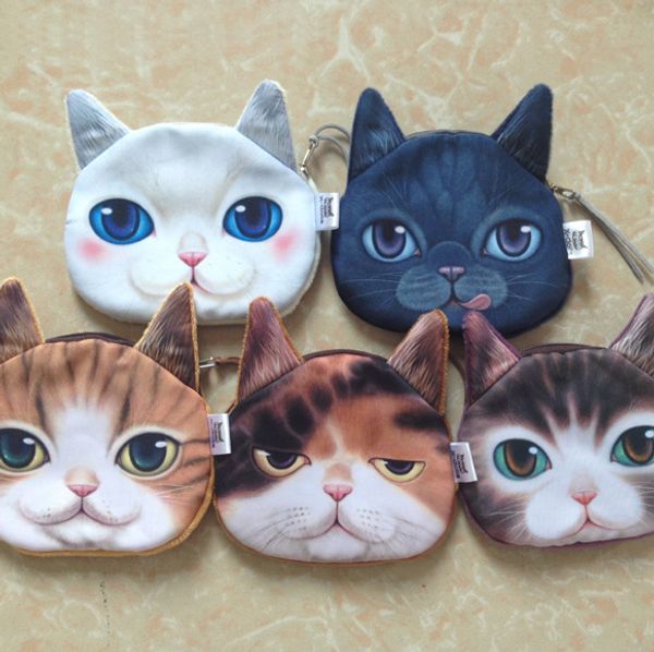 Lindo Mini bolso de gato 3D, monedero con cara de Animal, monedero para niños, cartera, bolsos de maquillaje, bolsa de mano, 5 llaves de colores, bolsas con soporte para teléfono