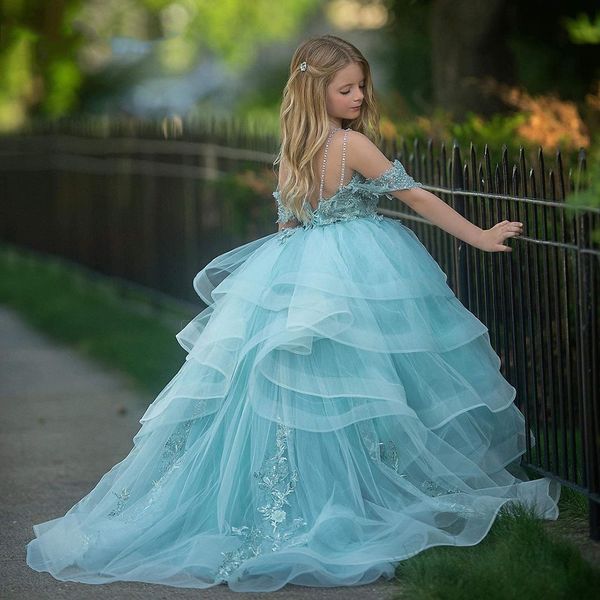 Robes de concours de petites filles vert menthe mignonnes bretelles spaghetti robe de bal tutu bouffante robes de première communion pour enfants en bas âge robe de fille de fleur de balayage train