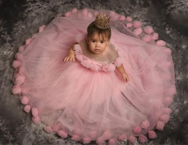 Linda madre y hija Vestidos de niña de flores rosadas Cuello por cuello transparente Flores Cumpleaños Cumpleaños Vestidos de novia COMUTIÓN Vestidos de concurso Tul Tul Longitud