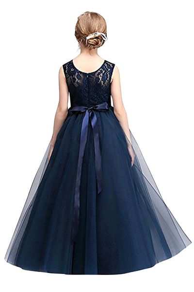 Mignon Bleu Marine Tulle Une Ligne Ceinture Longue Fleur Robes De Filles Ras Du Cou Sans Manches En Dentelle Top Fête D'anniversaire Petite Fille Robes 238e