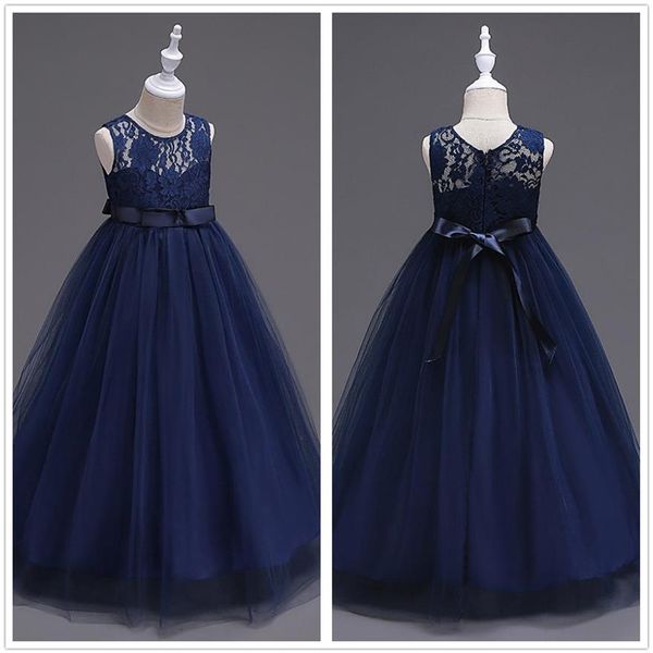 Mignon Bleu Marine Tulle Une Ligne Sash Longues Robes De Filles De Fleur Ras Du Cou Sans Manches En Dentelle Top Fête D'anniversaire Petites Robes De Fille 334o