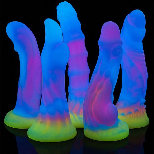 Lindo nuevo consolador luminoso juguetes sexys para mujeres consoladores brillantes coloridos enorme dragón monstruo consolador tope juguetes para adultos