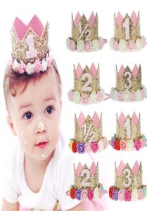 Mignon nouveau-né Mini paillettes couronne d'or avec des fleurs roses bandeaux pour bébé filles couronne fête d'anniversaire cheveux accessoires enfants cadeau A14830395