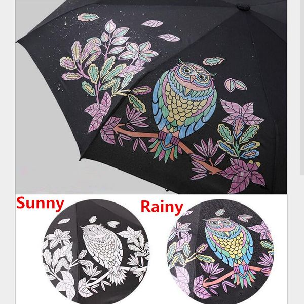 Mignon hibou trois pliant UV-protection pluie parapluies de voyage magique changeant de couleur après l'eau poche parapluie cadeau pour les amoureux 201130