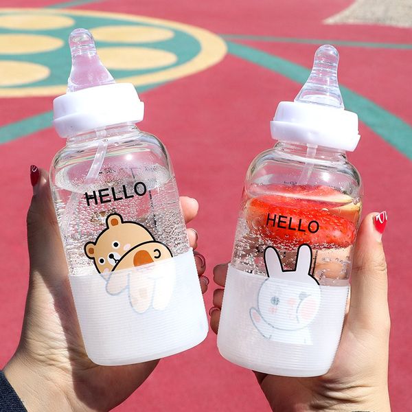 Bouteille d'eau en verre de sucette mignonne avec personnalité créative de paille adulte bouteille de mamelon de bébé bouteille d'eau de tasse portable pour les filles 201105