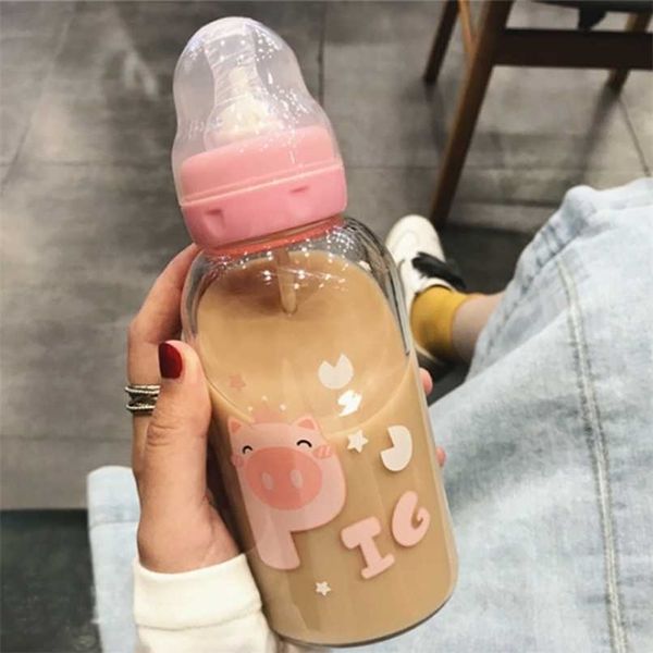 Chupete lindo Botella de agua de vidrio con pajita Personalidad creativa Niño adulto Pezón Taza portátil s para niñas 211122