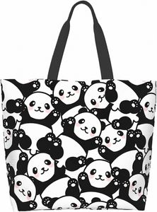 Lindo Panda Beach Canvas Tote Bag Casual Bolso de hombro Bolso Reutilizable Tienda Viaje Bolsa de comestibles Tote Regalos para mujeres Niñas Y8Kn #