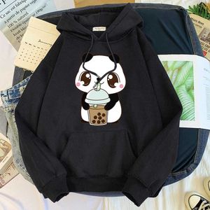 Schattige panda drinken parel melk thee hoodie mannelijke herfst warm sweatshirt trend harajuku trui voor heren herfst losse trainingspak y0804