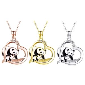 Mignon Panda Pendentif Collier Coeur Forme Bijoux Pour Mère Enfant Cadeau Charme Chaîne Sautoirs Famille Amour