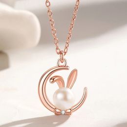 Mignon perle lapin lune pendentif collier pour dame fête accessoires à la mode 925 en argent Sterling chaîne femmes ensemble de bijoux 240305