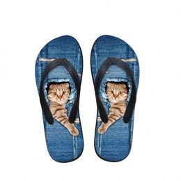 Schattige huisdier aangepaste denim kat geprinte dames slippers zomer strand rubber flip flip flops mode meisjes cowboy blauw zand 7ba