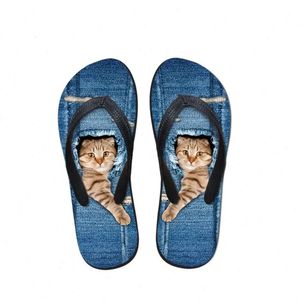 Mignon animal de compagnie personnalisé denim chat imprimé femmes pantoufles de plage d'été tongs en caoutchouc flip fashion filles cowboy sandales bleues chaussures 43si # d7b2