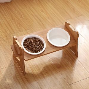 Mascotas lindas Tazón doble Perro Gato Comida Alimentador de agua Soporte Plato de cerámica elevado Mesa de madera Suministros para mascotas 240304