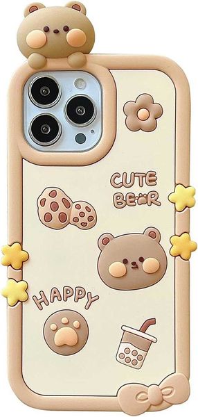 Lindas cajas del teléfono para iPhone 14 Pro Max Cartoon Cookies Bear Case con Bubble Tea 3D Funda de silicona suave a prueba de golpes mujeres niñas