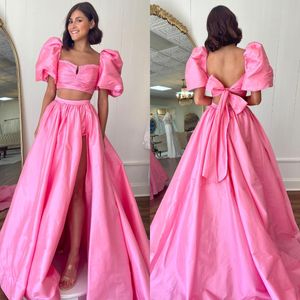 Schattige roze een lijn prom -jurk gezwollen korte mouwen avondjurken elegante dij gesplitste rugloze formele jurken voor vrouwen