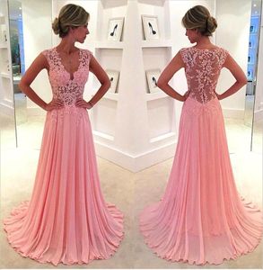 Leuke roze A-lijn Prom Dresses 2016 Nieuwe Collectie V-hals Mouwloze tank Sheer Back Applique Lace Up Party Avondjurk voor Black Girl Towns