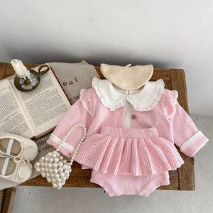 Schattige roze babymeisje herfstoutfits gebreide rok met ruches, pasgeboren kledingset met lange mouwen, romper en shorts, set outfit 2595