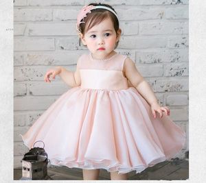 Robe en mousseline de soie rose pour filles, sans manches, à fleurs, avec perles, robe de baptême pour nourrissons, fête d'anniversaire pour bébé