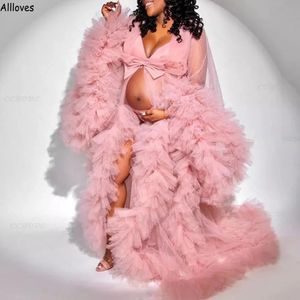 Schattige roze avondjurken vrouwen lange mouwen zwangerschapsgewaden op maat gemaakt pure tule jurken met boog gegolfde voorste split zwangerschapsjurk fotoshoot cl2200