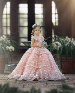 Schattige roze bloem meisje jurken 3d floral geappliceerd cap sleeve kleine kinderen trouwjurk mooie meisjes pageant feestjurken