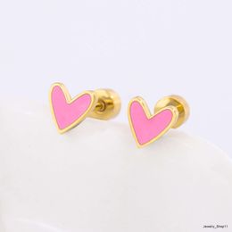 Boucles d'oreilles en forme de cœur rose, bijoux en acier inoxydable pour enfants, femmes et filles, goutte d'huile en émail coloré en or