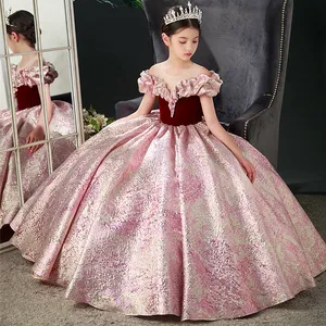 Linda niña de encaje rosa Bows Bows First Communion Dress Princess Formal Tulle Kids Ball Ball Farting Farty Gotss 403