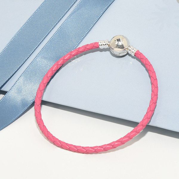 Linda pulsera de cuero rosa para Pandora Real Sterling Silver Broche Pulseras joyería de diseñador para mujer Novia Regalo Cadena de mano Pulsera con dijes con caja original