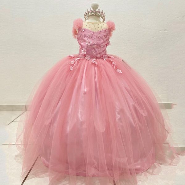 Lindo vestido rosa de flores con cuello redondo para niñas 2024, sin mangas, apliques de cuentas, vestidos de baile con diamantes de imitación, vestido exquisito para niños para boda y cumpleaños